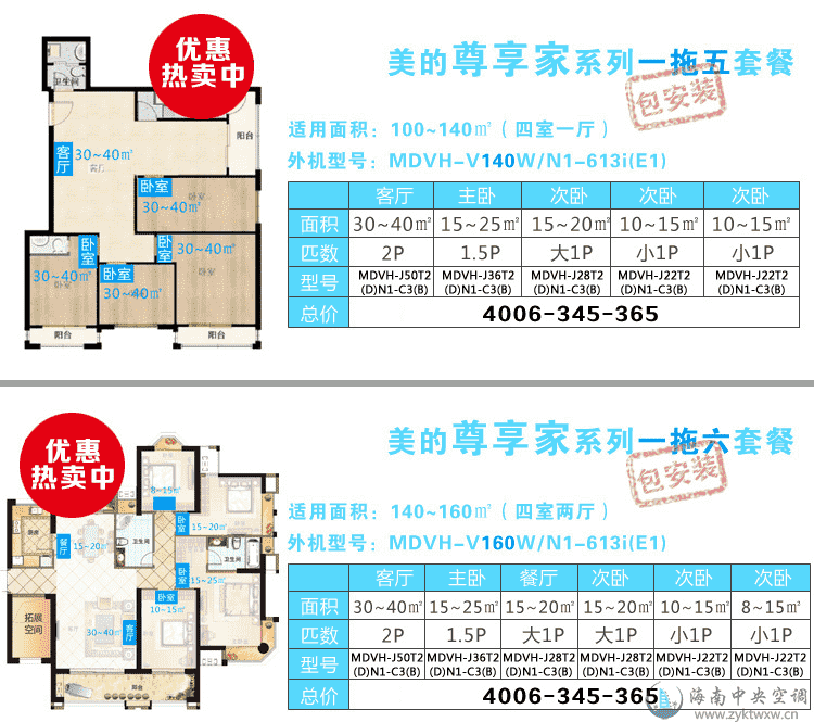 三室两厅美的6匹一拖五中央空调豪华套餐